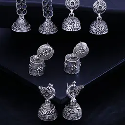 Yellow Chimes Set Of 4 Silver-Plated Oxidised Jhumkas Earring image 2