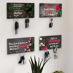 RANDOM Brown & Green 4 Pieces Typographic Printed Wooden Key Holders image 2