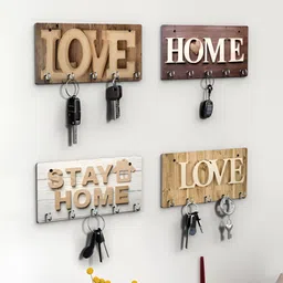 RANDOM Brown & Beige 4 Pieces Love Printed Wooden Key Holders image 2
