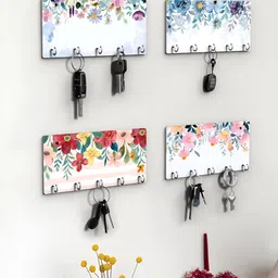 RANDOM White & Blue 4 Pieces Floral Printed Wooden Key Holders image 2