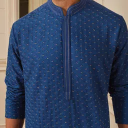 Tasva Men Blue Ethnic Motifs Embroidered Thread Work Kurta with Churidar image 5