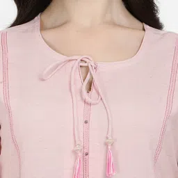 Pure 9 Women Pink Tie-Up Neck Panelled Kurta with Trousers image 5