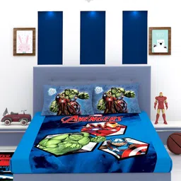 Marvel Blue & Green Cartoon Characters 180 TC King Bedsheet with 2 Pillow Covers image 3
