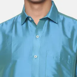 Sethukrishna Men Turquoise Blue & White Shirt with Dhoti Set image 2