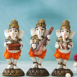 eCraftIndia White 3 Pieces Standing Lord Ganesha Idols Playing Harmonium Orange Showpieces image 2
