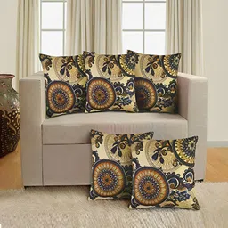 Kuber Industries 5 Pieces Golden & Brown Ethnic Motifs Jute Silk Square Cushion Cover image 4