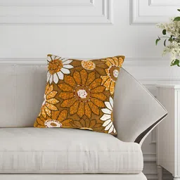 YWULY Brown & Yellow Floral Embellished Square Cushion Cover image 4