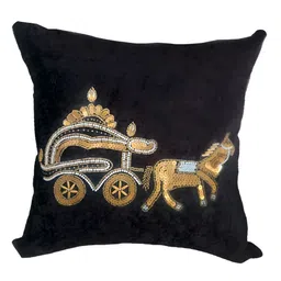 Good Vibes Black & Mustard Embroidered Velvet Square Cushion Cover image 3