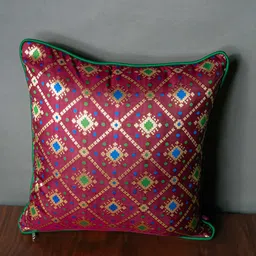 RoyalDeco Yellow & Burgundy 3 Pieces Ethnic Motifs Brocade Square Cushion Covers image 2