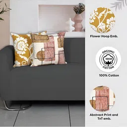 Ode & Cleo Off White & Mustard Yellow 3 Pieces Embroidered Square Cushion Covers image 2