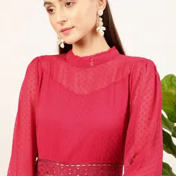 STREET 9 Fuchsia Self Design High Neck Puff Sleeves Layered Fit & Flare Dress image 2