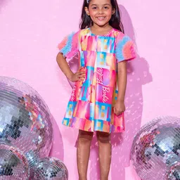 LIL DRAMA Girls Barbie Print Typography Print Ruffles Cotton A-Line Dress image 2