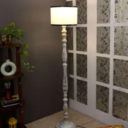 TU CASA Brown & White Mango Wooden Cylindrical Shaped Floor Lamp image 2