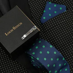 LOUIS STITCH Men Polka Dotted Blue Italian Silk Necktie Accessory Gift Set image 4