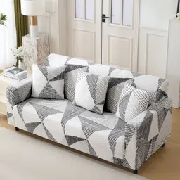HOKIPO White & Black Printed 3 Seater Stretchable Sofa Cover With Arms image 2
