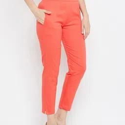 Clora Creation Women Peach-Coloured Regular Fit Solid Cigarette Trousers image 2