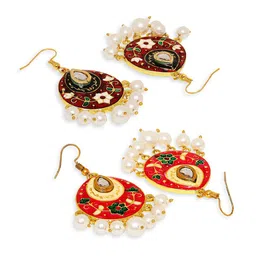 OOMPH Set of 2 Gold-Plated Teardrop Shaped Meenakari Drop Earrings image 3