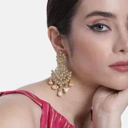 Peora Gold-Plated Kundan Pearl Contemporary Drop Earrings image 2