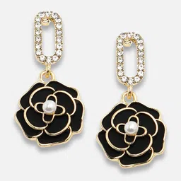 DressBerry Black Gold-Plated Artificial Stones Studded Classic Drop Earrings image 2