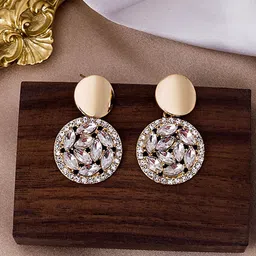 Yellow Chimes Gold-Plated & White Circular Crystal Studded Drop Earrings image 4