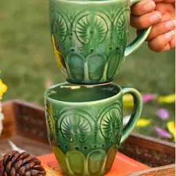 WEAVING HOMES Green Hand Painted Printed Ceramic Glossy Mugs Set of Cups and Mugs image 2