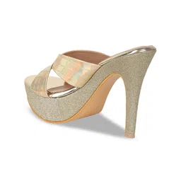 VALIOSAA Gold-Toned Textured Party Platform Sandals 5 Inch Heels image 5