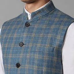 Louis Philippe Checked Mandarin Collar Pure Woollen Nehru Jacket image 2