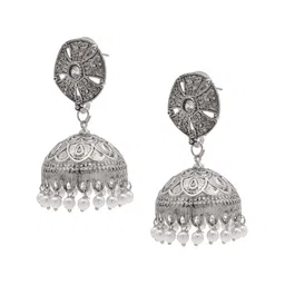 Shining Jewel - By Shivansh Silver-Plated Cubic Zirconia Studded Dome Shaped Jhumkas image 2