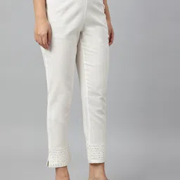 w Ecru Cotton Blend Slim Pants image 2