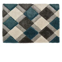 SR Handloom Teal & White Geometric Shaggy Carpet image 2