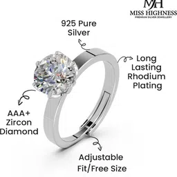 miss highness Zircon Diamond Gift Adjustable Ring – Luxury Jewellery Gift for Women & Girls, Silver Cubic Zirconia Sterling Silver Plated Ring image 4