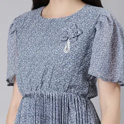 SHOWOFF Floral Printed Puff Sleeves Accordion Pleated Georgette Fit & Flare Dress image 3