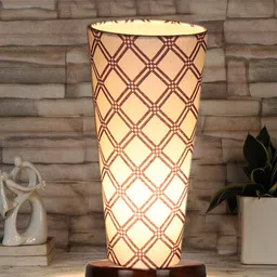 Devansh White Cotton Cylinder Table Lamps With Brown Round Wood Base image 2