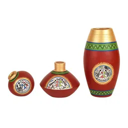 AAKRITI ART CREATIONS 3-Pcs Red & Golden Rustic Warli Printed Vases image 4