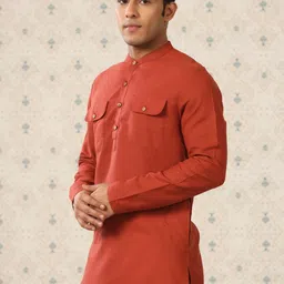Ode by House of Pataudi Rust Band Collar Straight Kurta image 2