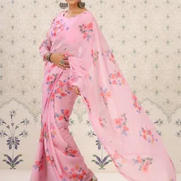 Ode by House of Pataudi Pink & Lavender Floral Printed Pure Georgette Saree image 4