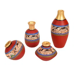 AAKRITI ART CREATIONS Red 4 Pieces Rustic Madhubani Printed Vases image 5