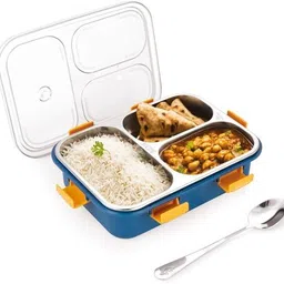 savi Stainless Steel Lunch Box with 3 Compartment with spoon & fork 3 Containers Lunch Box image 2