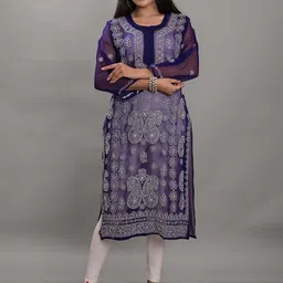 Apratim Navy Blue & White Ethnic Motifs Embroidered Chikankari Georgette Kurta image 4