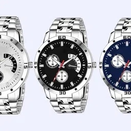 sprinta 3Combo Avio Chain Chronograph Pattern Designers Stylish Wrist Watch For-Boy Analog Watch - For Men Slim Fit BLACK & SILVER & BLUE Dial Stainless Steel Chain Watch Set of-3 image 3