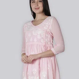 Seva Chikan Ethnic Motifs Chikankari Embroidered Angrakha A-line Kurti With Slip image 5