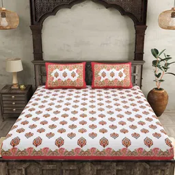 JAIPUR FABRIC Peach White Ethnic Motifs Cotton 250 TC King Bedsheet With 2 Pillow Covers image 3