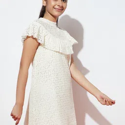SPUNKIES Flutter Sleeves Lace Self Design A-Line Cotton Dress image 4