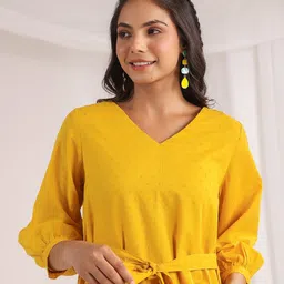 Janasya Yellow V-Neck Puff Sleeves Cotton A-Line Dress image 3