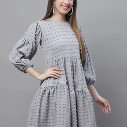 JAINISH Self Design Puff Sleeves Georgette Tiered A-Line Dress image 2