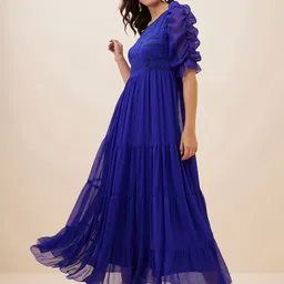 Antheaa Embellished Puff Sleeves Chiffon Fit and Flare Maxi Dress image 3