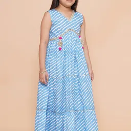 Modish Couture Girls Striped V-Neck Sleeveless Pure Cotton Maxi Ethnic Dress With Dupatta image 3