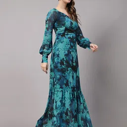 aayu Abstract Printed Sweetheart Neck Cuffed Sleeves Gathered Tiered Georgette Maxi Dress image 3