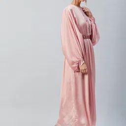 Athena Peach-Coloured Satin Solid Maxi Dress with Embellished Belt image 3