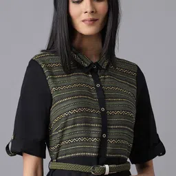 AURELIA Black & black chocolate Checked Tie-Up Neck A-Line Midi Dress image 3